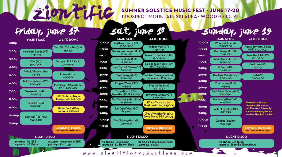 Ziontific Summer Solstice Music Festival 6 — Vermont —  Schedule